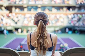 Sporty woman comes to stadium to watch tennis game. Woman excitement for thrilling competition about to unfold. Focus squarely on court.