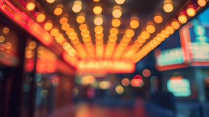 A hazy defocused view of a classic theater marquee capturing the essence of old Hollywood glamour and the excitement of a bustling entertainment district. .