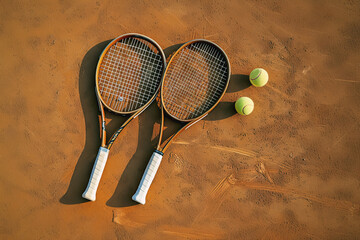 Wooden rackets with balls on sandy ground adding playful touch. Reminder of simple pleasures found in moments of tennis play during sunny day.