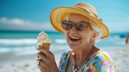 happy fashionable senior woman enjoying ice cream on beach summer holiday concept