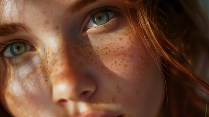 Close-up of young woman with freckles looking directly at the camera.