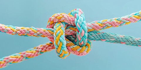 Strong climbing knot with ropes in pastel colors on a clean light background. Team building concept