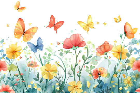 Seamless watercolor flower rainbow design with butterflies and vibrant spring flowers on a white backdrop. Adorable and cheerful, suitable for wallpaper and artistic projects.