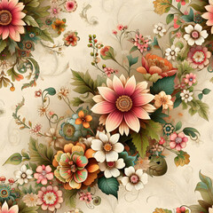 background with flowers and leaves. wallpaper, texture, flowers, vector, vintage, Ai generated 