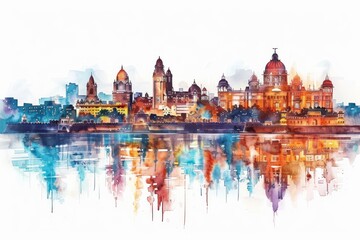 Fototapeta premium Watercolor painting of the Kolkata skyline in India