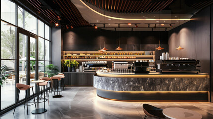 A modern coffee shop with a black and white theme