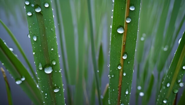 Close up of cattail leaves with water drops after a rain Cambridge, Massachusetts.