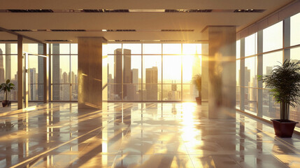 Fototapeta premium A large, empty room with a view of the city
