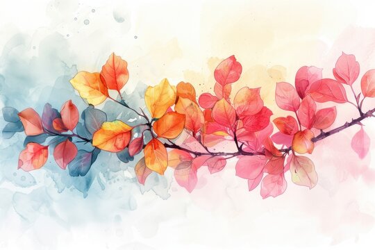 A watercolor painting of a branch with red, orange, and yellow leaves on a white background.