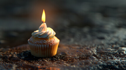 A stunningly detailed capture of a birthday cupcake adorned with one candle, its flame illuminating the excitement of the celebratory atmosphere. 32K.