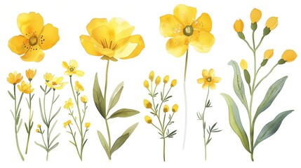 Fototapeta na wymiar Hand-Painted Watercolor Yellow Flower Set: Nature on White Background