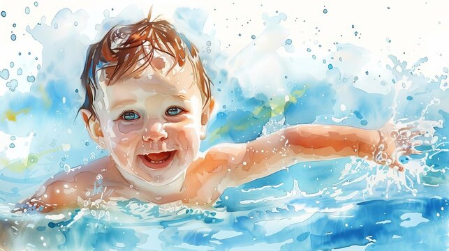 joyful baby playing in swimming pool on summer vacation watercolor illustration