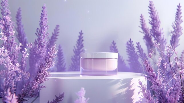 lavender cosmetic product display on floral crystal podium 3d abstract background