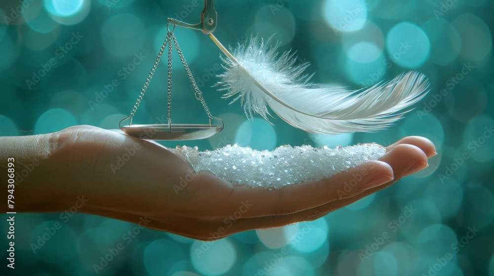 Poster a closeup image of a hand holding two feathers one feather light and the other heavy resting on top 