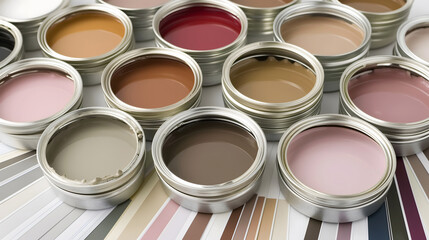 An elegant selection of open neutral paint cans and coordinating color swatches, illustrating a designer's palette for sophisticated home interior styling. - obrazy, fototapety, plakaty