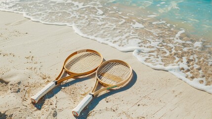 Beach tennis rackets for women and children lay elegantly on the sandy shore a perfect setting for a Mother s Day beach tennis celebration The image features a horizontal layout with ample 