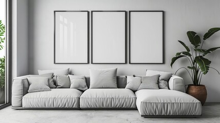 minimalist scandinavian living room interior with reflective glass poster frames mockup 3d render