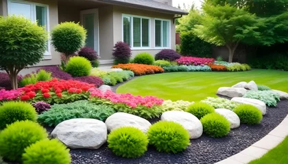 Schilderijen op glas Landscape design of nice home garden, natural landscaping with decorative stones in residential house backyard. Luxury flowerbed and beautiful plants in summer, green upscale landscaped back yard. © ahmad05