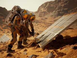 Two astronauts are working on a solar panel in a desert. The scene is set in a barren landscape with no vegetation or signs of life. The astronauts are wearing space suits