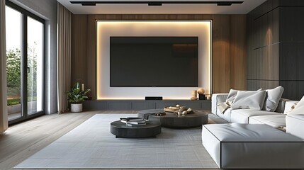 modern living room with large tv screen elegant and comfortable home interior entertainment and relaxation space architectural 3d rendering
