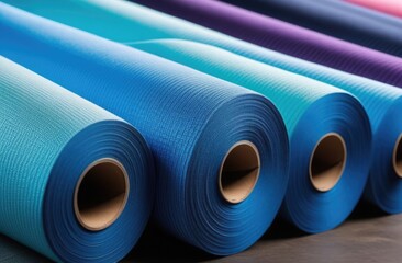 Rolls of blue technical cotton fabric for the production of clothing on machines