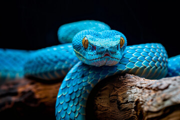 Blue viper snake on branch with black background. Viper snake ready to attack, blue insularis snake, animal closeup - 794307879