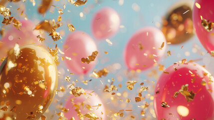 A surreal image of gold confetti floating in mid-air, with balloons adding pops of color to the...