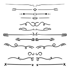 Dividers vector set isolated. Geometric horizontal vintage line border and text design element. Collection of hand drawn decorative page rules. Separation doodles select text.