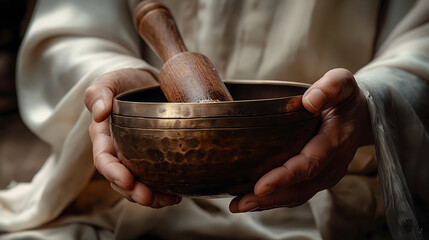 Gentle hands cradle a Tibetan singing bowl, the traditional tool used in sound healing and meditation rituals, emitting vibrations that promote a state of deep relaxation and inner peace. - obrazy, fototapety, plakaty