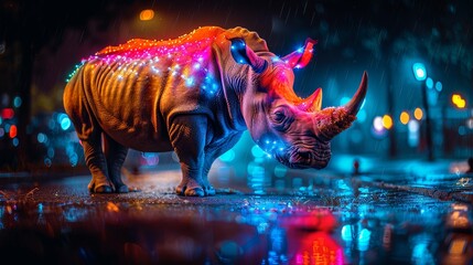 Obraz premium A rhinoceros stands in the rain, turning its head to the side It does not have lights