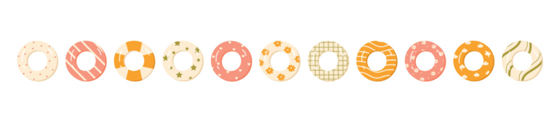 Vintage rubber rings set. Swimming ring collection. Summer, beach vacation aesthetic. Inflatable swimming pool toys. Vector illustration in cartoon style. Isolated on white background.
