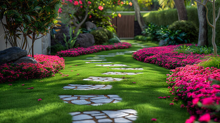 A serene garden path lined with vibrant pink flowers and lush greenery, featuring stepping stones that invite a peaceful walk through this beautifully landscaped haven. - obrazy, fototapety, plakaty