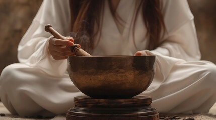 In a moment of peaceful meditation, a person in white robes is engaged in the mindful practice of playing a Tibetan singing bowl. - obrazy, fototapety, plakaty