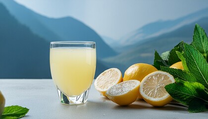 Background with Sliced and Whole Lemon: Glass of Fresh Lemon Juice - obrazy, fototapety, plakaty