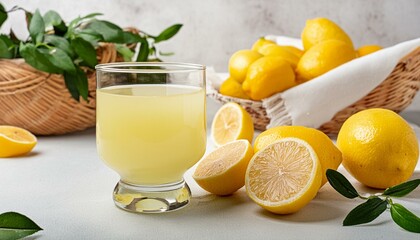 Glass of Freshly Squeezed Lemon Juice with Sliced and Whole Lemon - obrazy, fototapety, plakaty