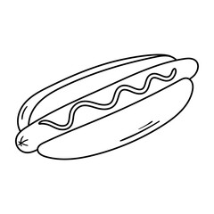 Hot Dog with mustard vector icon in doodle style. Symbol in simple design. Cartoon object hand drawn isolated on white background.