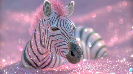 Naklejka premium A tight shot of a zebra adorned with glitter, against a pink backdrop sky