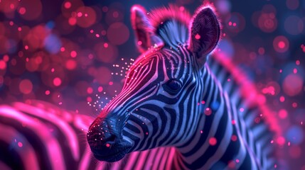 Obraz premium A tight shot of a zebra's head against a hazy backdrop of pink and blue lights