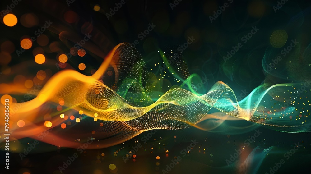 Aufkleber quantum wave tracking abstract background colorful lines and dots on dark digital art