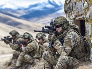 A group of soldiers are sitting in a field, one of them holding a rifle. The soldiers are wearing camouflage uniforms and appear to be on a mission