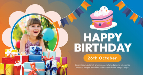 birthday cake, balloons, and party hats add a playful touch.

