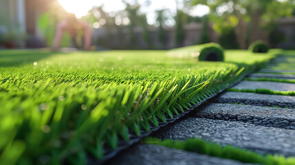 Dewy Dawn: Sunlit Artificial Grass and Stone Pathway in a Garden. - obrazy, fototapety, plakaty