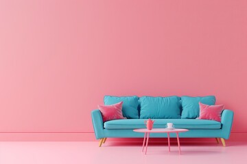 A colorful couch sits in front of a colorful wall