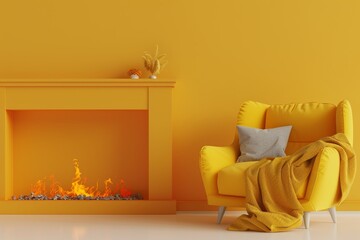 colorful couch is sitting in front of a fireplace