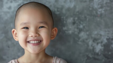 A smiling Asian child without hair, who defeated cancer. As a symbol of positive thinking in the fight against cancer.