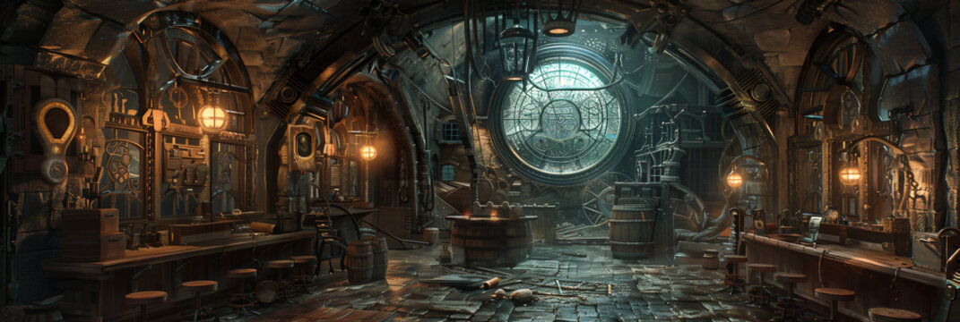 fortress, castle, old town, construction, vintage background, products, enginer, generative, ai, steampunk, clock background, machine, mechanical, blue, gold, gear, clock, watch, mechanism - Powered by Adobe