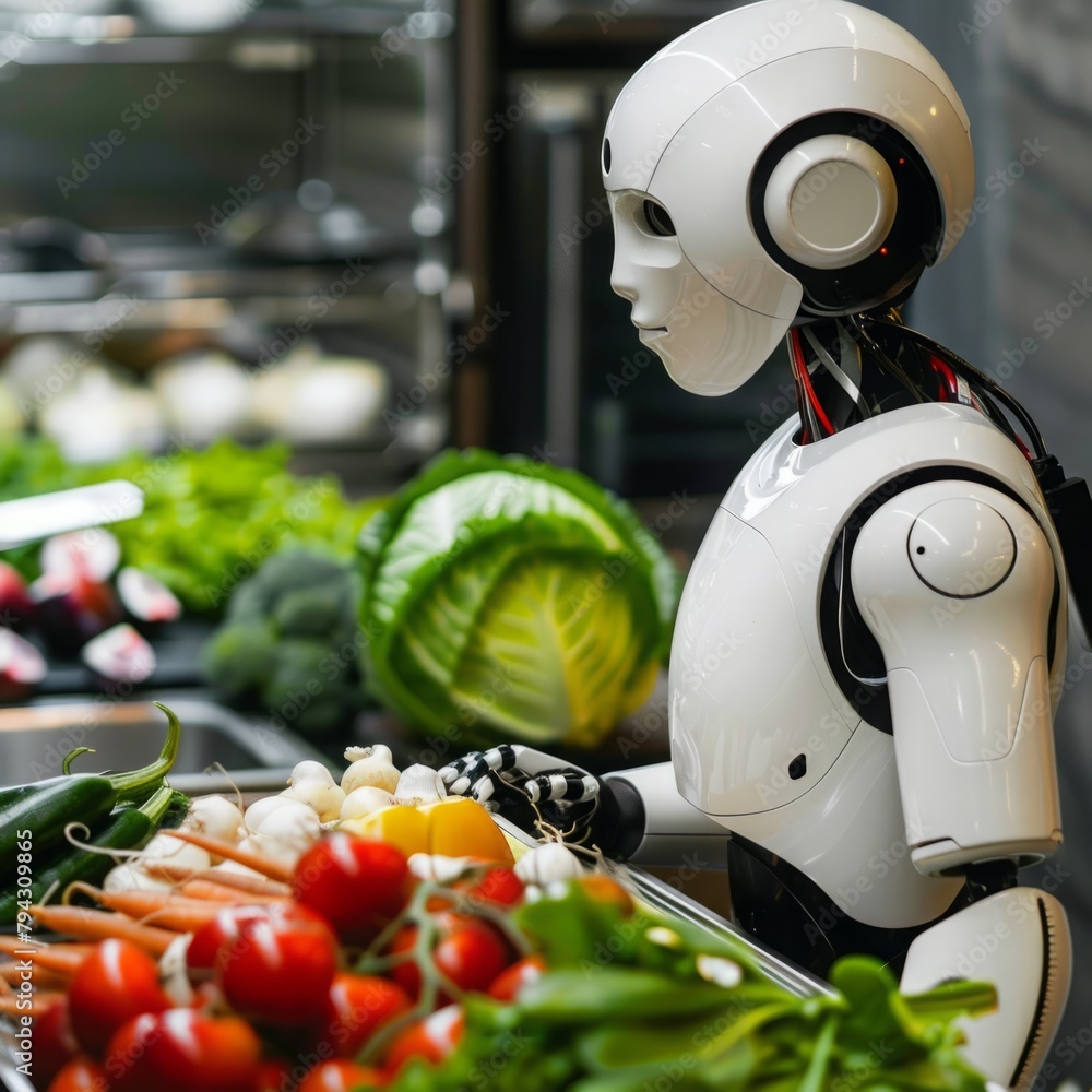 Poster robot standing in front of plate of vegetables
