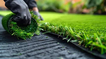 Foto op Plexiglas Art of Turf Laying: Gloved Hands Installing Artificial Grass © John