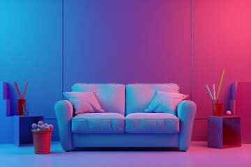 A couch is sitting in front of a wall with a colorful background