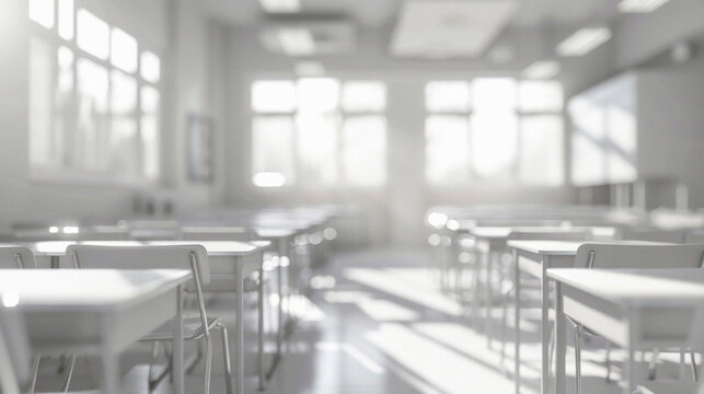 A classroom with many empty desks and chairs